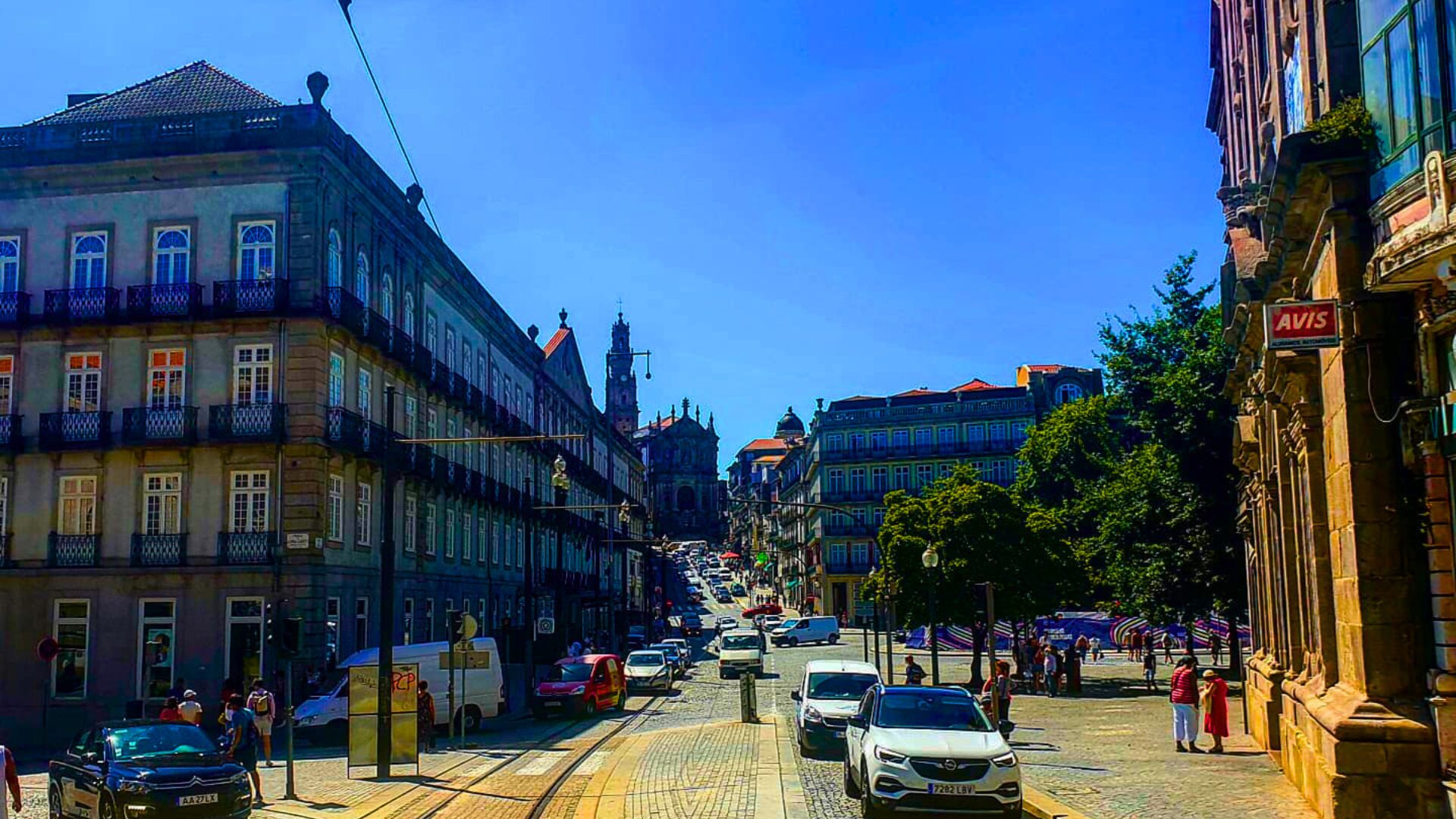 Street view towards Clérigos Tower and Avenida dos Aliados in Porto