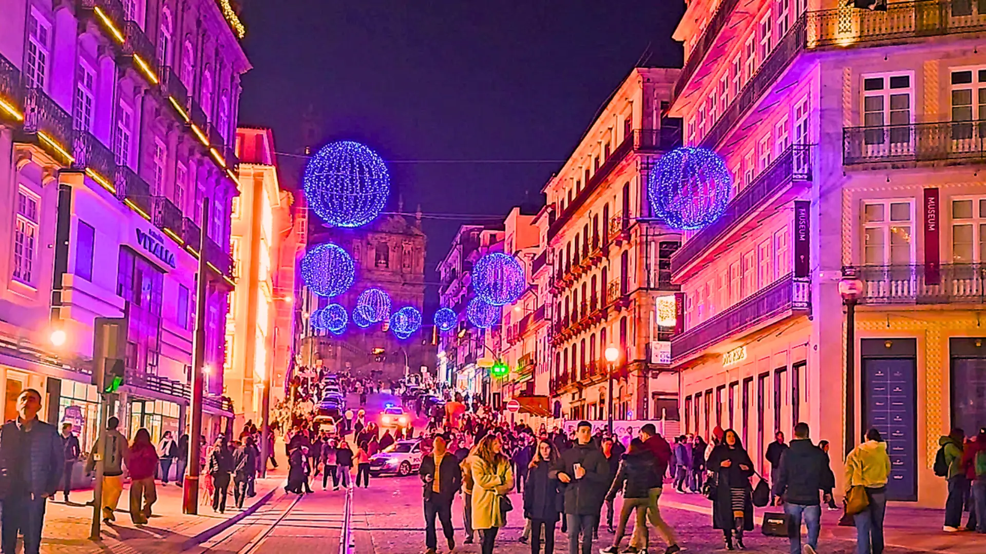 Christmas lights near Clérigos in Porto at night