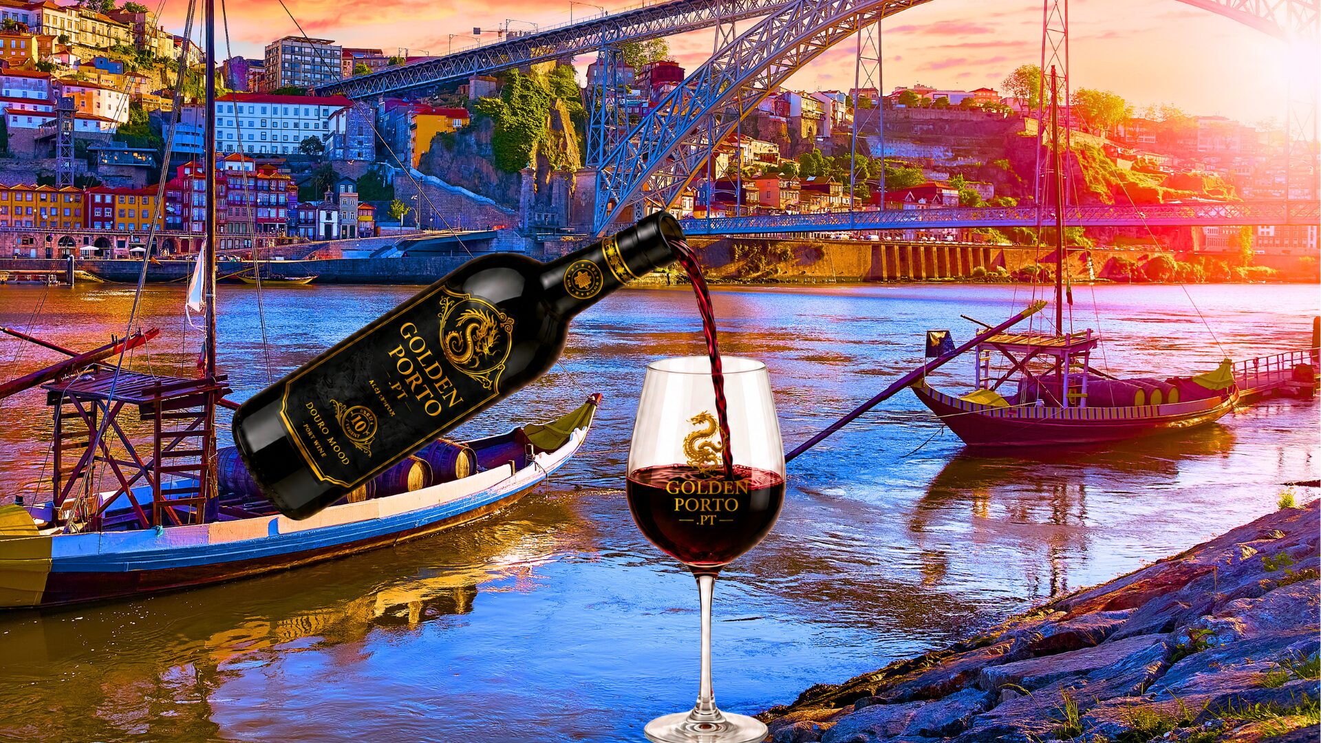 GoldenPorto branded Port wine bottle serving a glass overlooking Porto and Luís I Bridge from Gaia