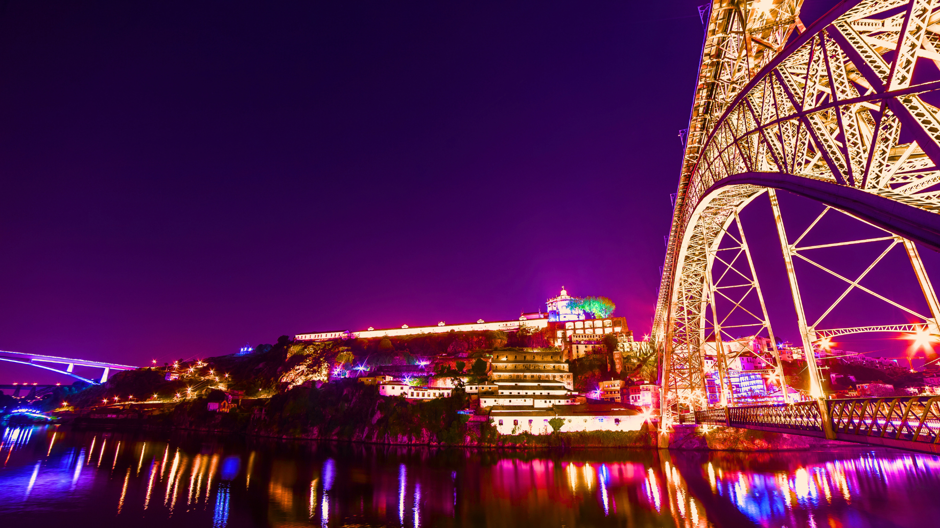 Porto at night with Ponte Luís I and the illuminated riverside