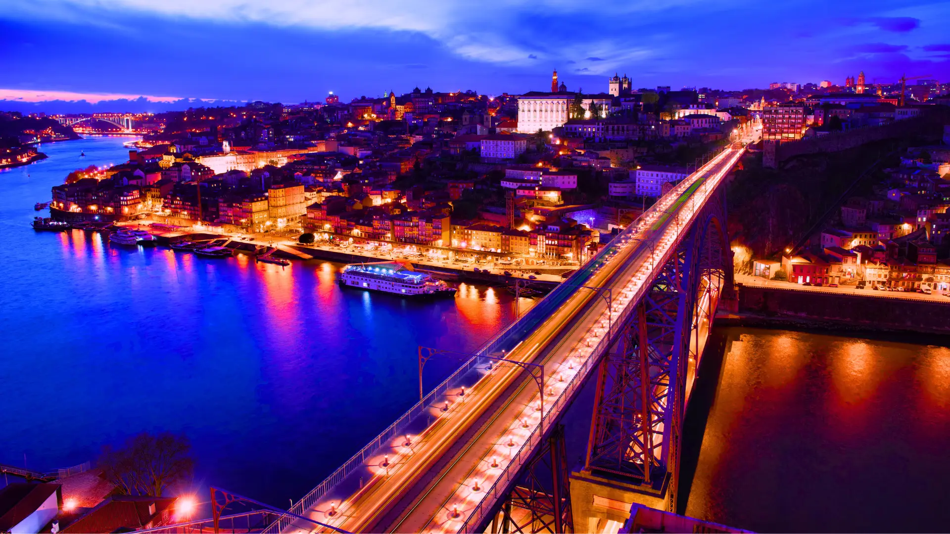 Ponte Luís I at night with romantic lights over the Douro River
