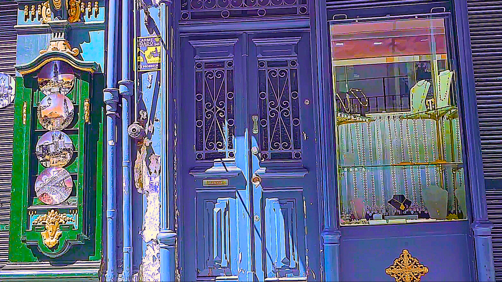 Old blue door on Rua das Flores in Porto