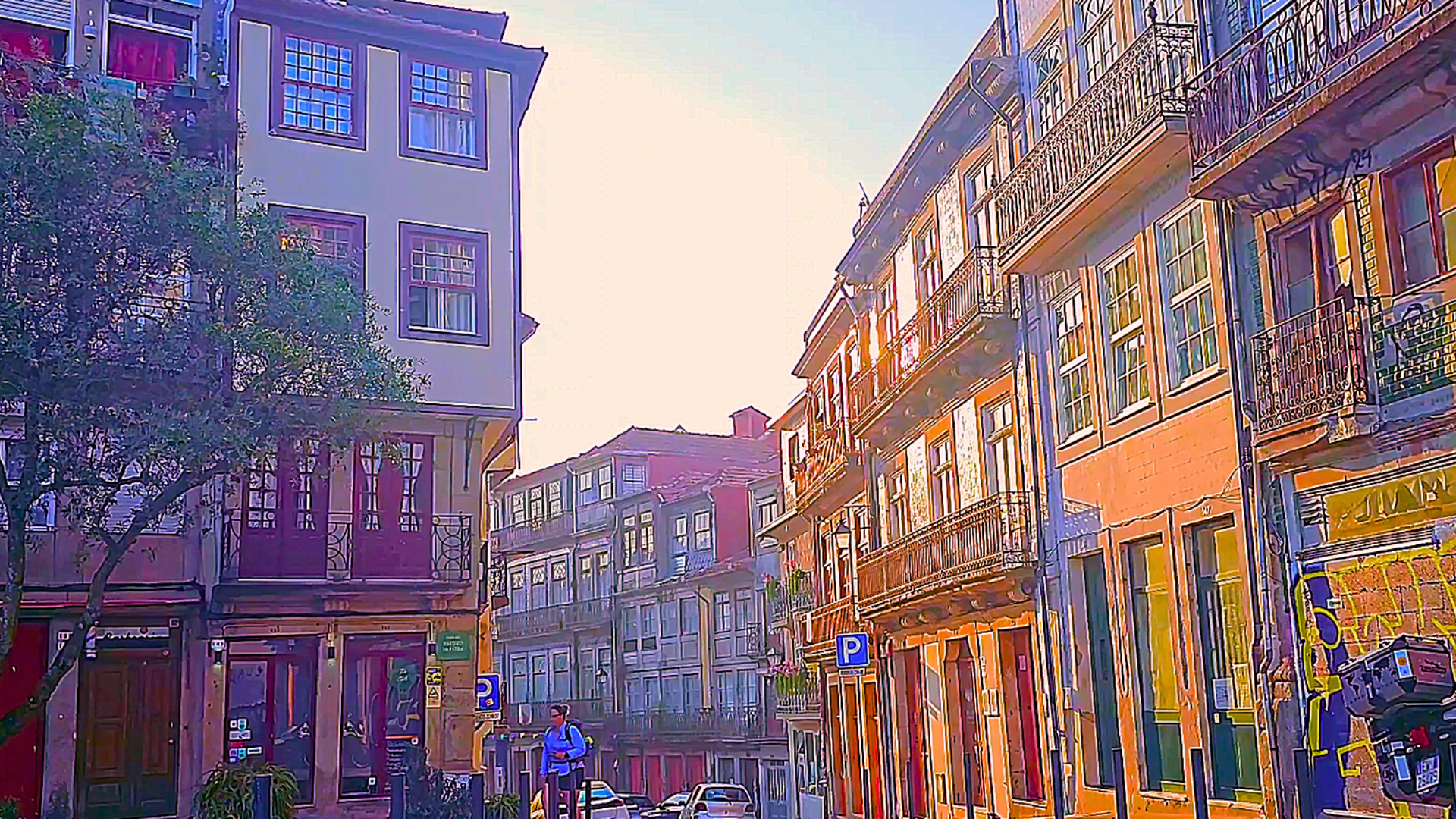 Traditional colourful houses in an old Porto street