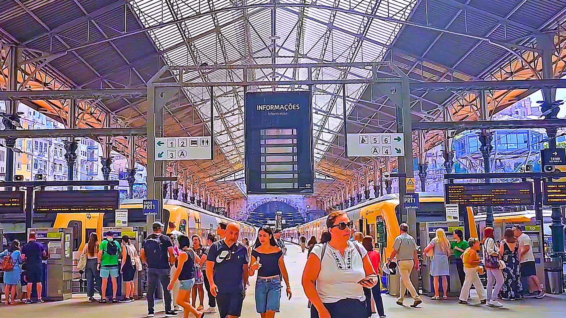 Trains inside São Bento Station in Porto