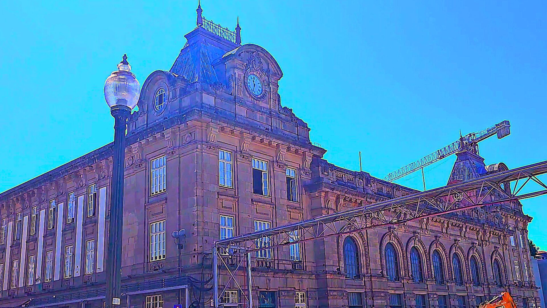 North diagonal exterior view of São Bento Station in Porto